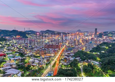 Keelung City, Taiwan skyline at twilight.