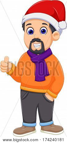 cute man cartoon wearing winter clothes thumb up