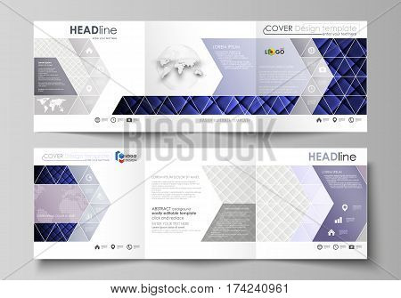 Set of business templates for tri fold square design brochures. Leaflet cover, abstract flat layout, easy editable vector. Shiny fabric, rippled texture, white and blue color silk, colorful vintage style background.