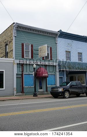 MANCELONA, MICHIGAN / UNITED STATES - NOVEMBER 27, 2016: The site of the Hole in the Wall Cafe, now vacant, on State Street in downtown Mancelona.