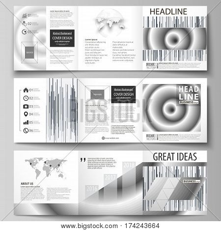 Set of business templates for tri fold square design brochures. Leaflet cover, abstract flat layout, easy editable vector. Simple monochrome geometric pattern. Minimalistic background. Gray color shapes.