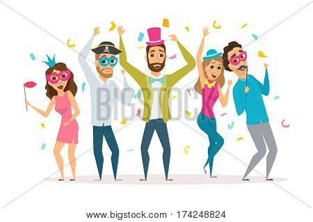 People at the carnival party. Friends celebrating birthday and laughing together. Group of happy men and women in costume at the masquerade. Cartoon characters with photo props in fancy dress ball