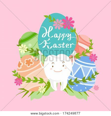 cute white cartoon tooth with happy easter