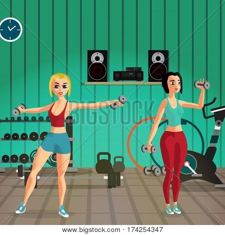 Young women exercising with dumbbells in modern sport gym. Vector flat cartoon illustration