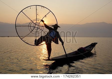 Intha People Catching Fish On Inle Lake In Myanmar