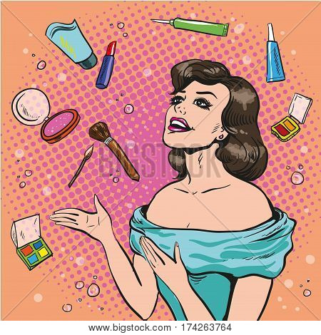 Vector illustration of beautiful smiling woman scattering makeup around herself, retro pop art comic style.