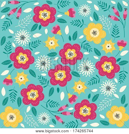 Floral pattern with flowers and leaves. Cute pattern with small flowers. Vector illustration