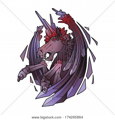 Graphic crystallizing demonic horse. Evil unicorn with sword wings. Vector fantasy art isolated on white background