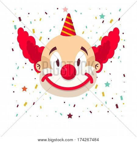 Clown face smile. Vector isolated icon of cartoon circus funny comic man or character on confetti background