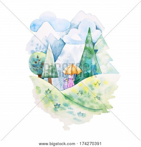 watercolor illustration. Foxes mother and daugther on the hill in the forest. Mountain veiw.