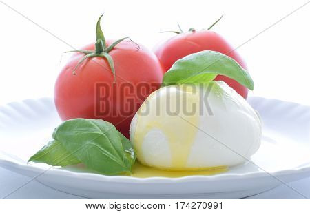 The tomatoes and mozzarella cheese with basil leaf
