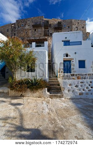Characteristic architecture in a street of Chora village on Astypalea island.