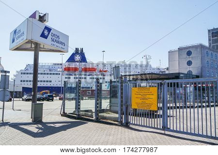 IJMUIDEN, NETHERLANDS - JUNE 12 2015 : DFDS ferry waiting for the passengers at the terminal