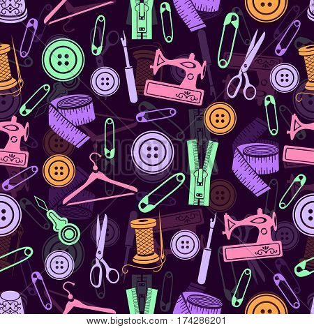 Sewing Tools Seamless Pattern, Vector Background. Multicolored Sewing Supplies On Dark Violet Backgr