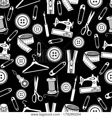 Sewing Tools Seamless Pattern, Vector Background. White Sewing Supplies On Black Background. For Wal