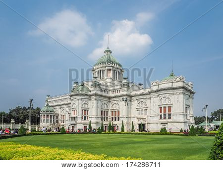 BANGKOK, THAILAND - January 14, 2017: Crowd of tourists in the Ananta Samakhom Throne Hall. The Ananta Samakhom Throne Hall is a major tourist attraction in Bangkok, Thailand.