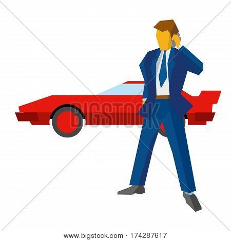 Businessman Or Lawyer With Phone. Red Car At The Back