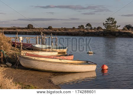 Boats on Auzance river in Brem-sur-mer, France