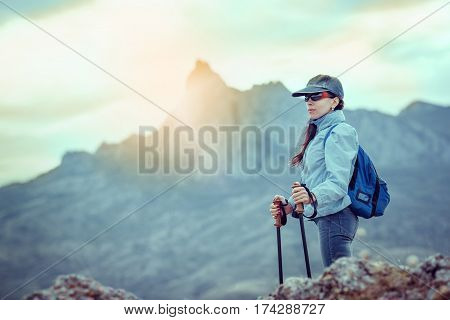 Hiking and leisure theme. Adventure people on hike hiking in nature