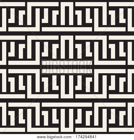 Interlacing Lines Maze Lattice. Ethnic Monochrome Texture. Abstract Geometric Background Design. Vector Seamless Black and White Pattern.