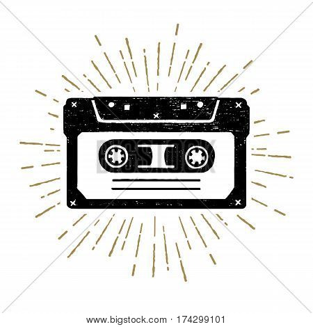Hand drawn 90s themed icon with a cassette tape textured vector illustration.