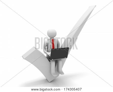 3d rendering of man with laptop sitting on the right mark