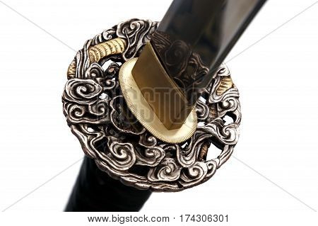 Tsuba : Hand Guard Of Japanese Sword With White Background