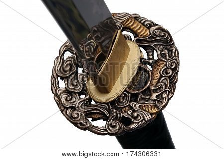 Tsuba : Hand Guard Of Japanese Sword With White Background
