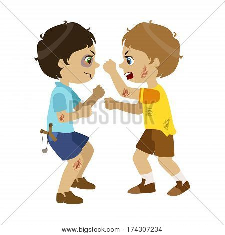 Two Bad Boys Fighting, Part Of Bad Kids Behavior And Bullies Series Of Vector Illustrations With Characters Being Rude And Offensive. Schoolboy With Aggressive Behavior Acting Out And Offending Other Children..