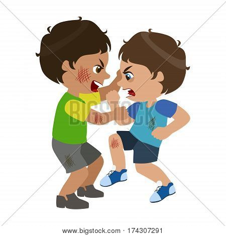Two Boys Fighting And Scratching, Part Of Bad Kids Behavior And Bullies Series Of Vector Illustrations With Characters Being Rude And Offensive. Schoolboy With Aggressive Behavior Acting Out And Offending Other Children..