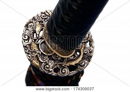 Tsuba : hand guard of Japanese sword with white background