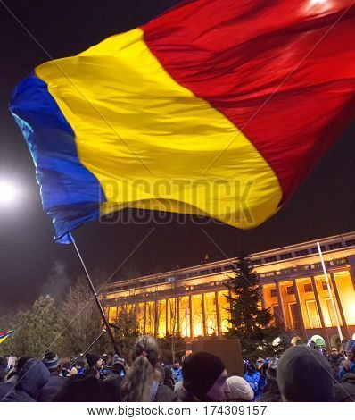Bucharest Romania - January 2017: Thousand people marched through the Romanian capital on Wednesday night to protest the government's plan to pardon thousands of prisoners.