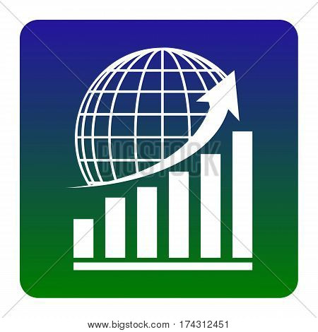 Growing graph with earth. Vector. White icon at green-blue gradient square with rounded corners on white background. Isolated.