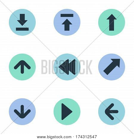 Set Of 9 Simple Indicator Icons. Can Be Found Such Elements As Right Landmark, Let Down, Rearward.