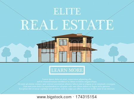 Vector illustration of cute house for rent or sale in flat building style. background with blue pastel colors. country views with trees and shrubs. Banner for a website selling luxury real estate. vector illustration.