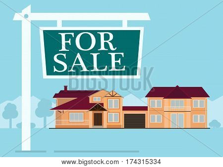 For sale sign in front of cute house in flat building style. background in blue pastel colors. country views with trees and shrubs. real estate purchase. vector illustration