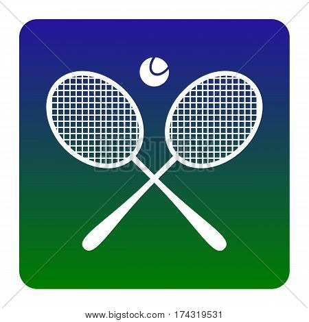 Tennis racket sign. Vector. White icon at green-blue gradient square with rounded corners on white background. Isolated.