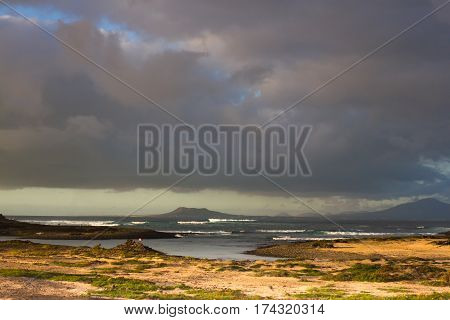 Map of the island of Lanzarote which opens to the island of Lobos Spain. Mountain panorama