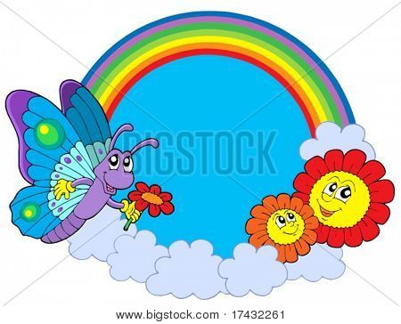 Regenbogen-Kreis mit Schmetterling und Blumen - Vektor-Illustration.