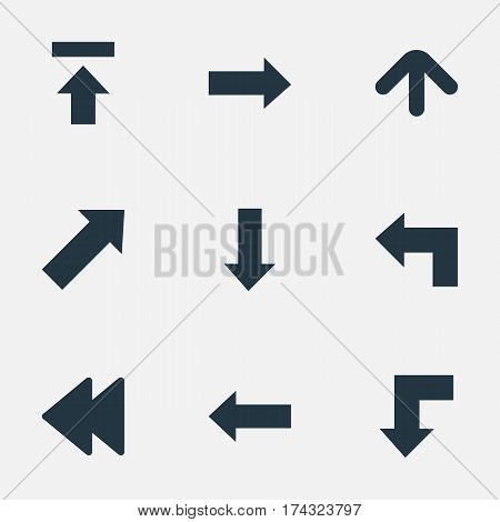 Set Of 9 Simple Arrows Icons. Can Be Found Such Elements As Rearward, Right Direction, Pointer And Other.