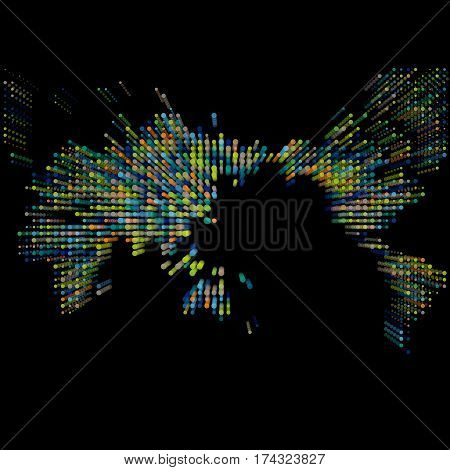 World map made of dynamic multicolored particles