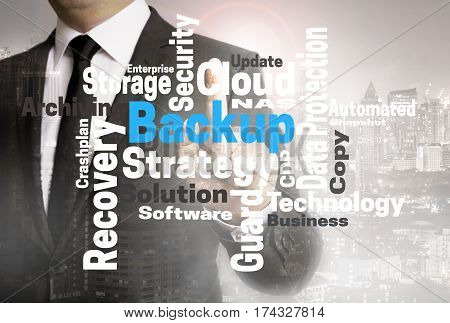 Backup Wordcloud Touchscreen Is Shown By Businessman