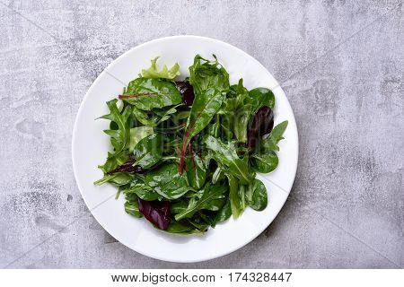 Salad plate with mixed greens of arugula mesclun spinach on stone background. Healthy food. Top view