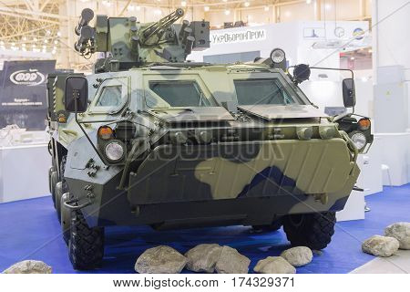 Kiev Ukraine - October 14 2016: Ukrainian armored personnel carrier production at the exhibition 