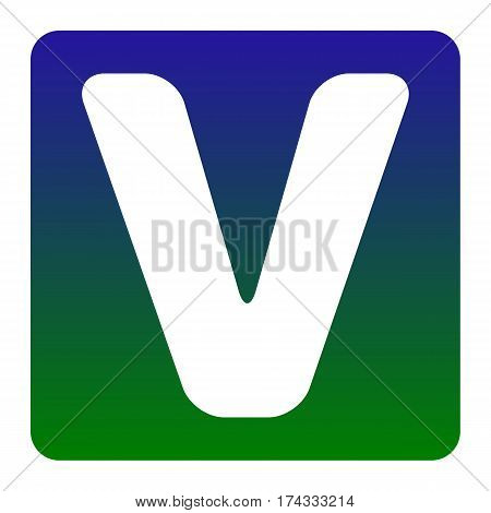 Letter V sign design template element. Vector. White icon at green-blue gradient square with rounded corners on white background. Isolated.