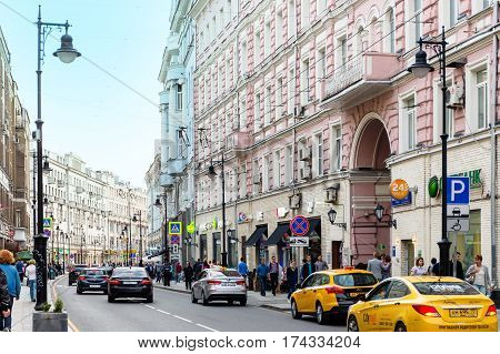 MOSCOW - AUGUST 26 2016: People and cars on renovated Myasnitskaya street. This is the one of the oldest sreets in the city was reconstructed in 2015.