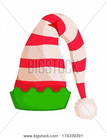 Elf striped hat with green wavy trim isolated on white. Winter fur woolen cap. Santa Claus hat with pompom. Flat icon winter snowboard headwear accessory in cartoon style vector illustration