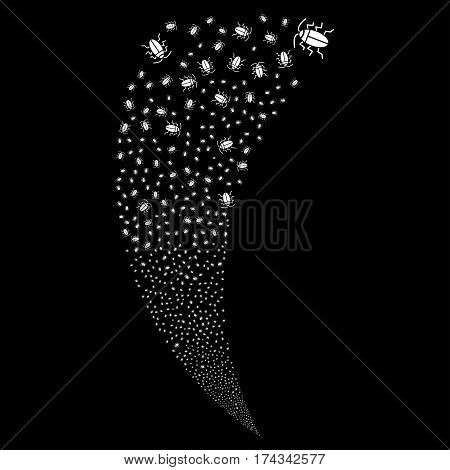 Cucaracha random fireworks stream. Vector illustration style is flat white iconic symbols on a black background. Object fountain organized from scattered icons.