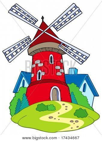 Kreslený mlýn na bílém pozadí - vektorové ilustrace.