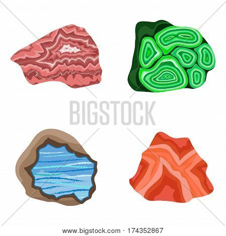Collectionof semi precious gemstones vector stones and mineral colorful shiny jewelry material agate geology crystal isolated on white background. Semiprecious granite chalcedony beauty amethyst.